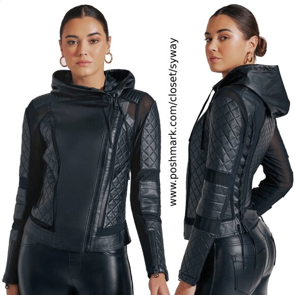 Blanc Noir Voyage Hooded Leather Mesh Moto Jacket - Picture 1 of 16